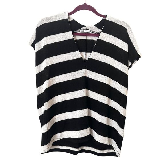 ZARA Striped Knit V-Neck Relaxed Sweater Black/White Small - Picture 2 of 5